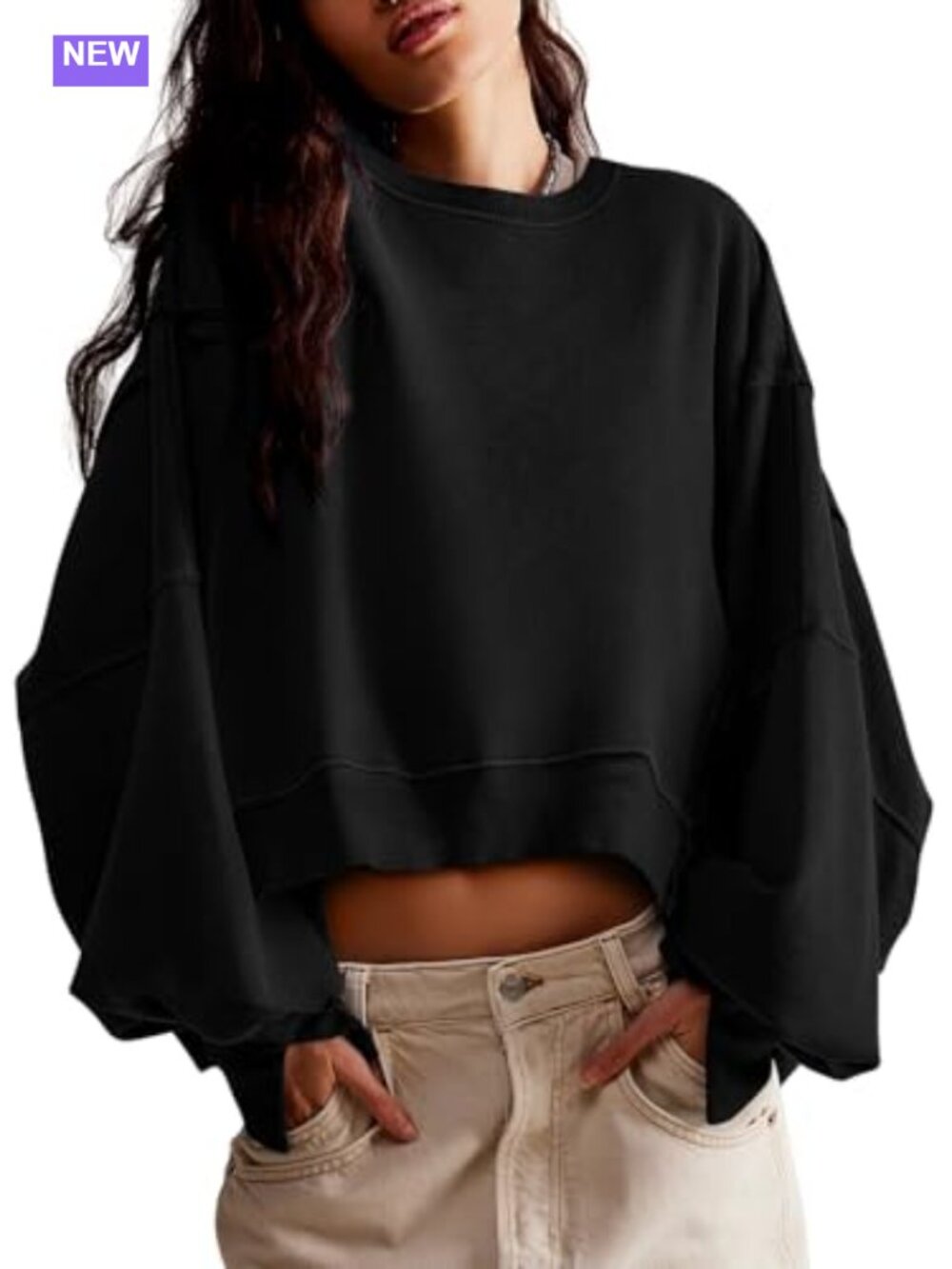 Womens Soft Loose Fit Crop Sweatshirt Long Sleeve Crew Neck Pullover Top
